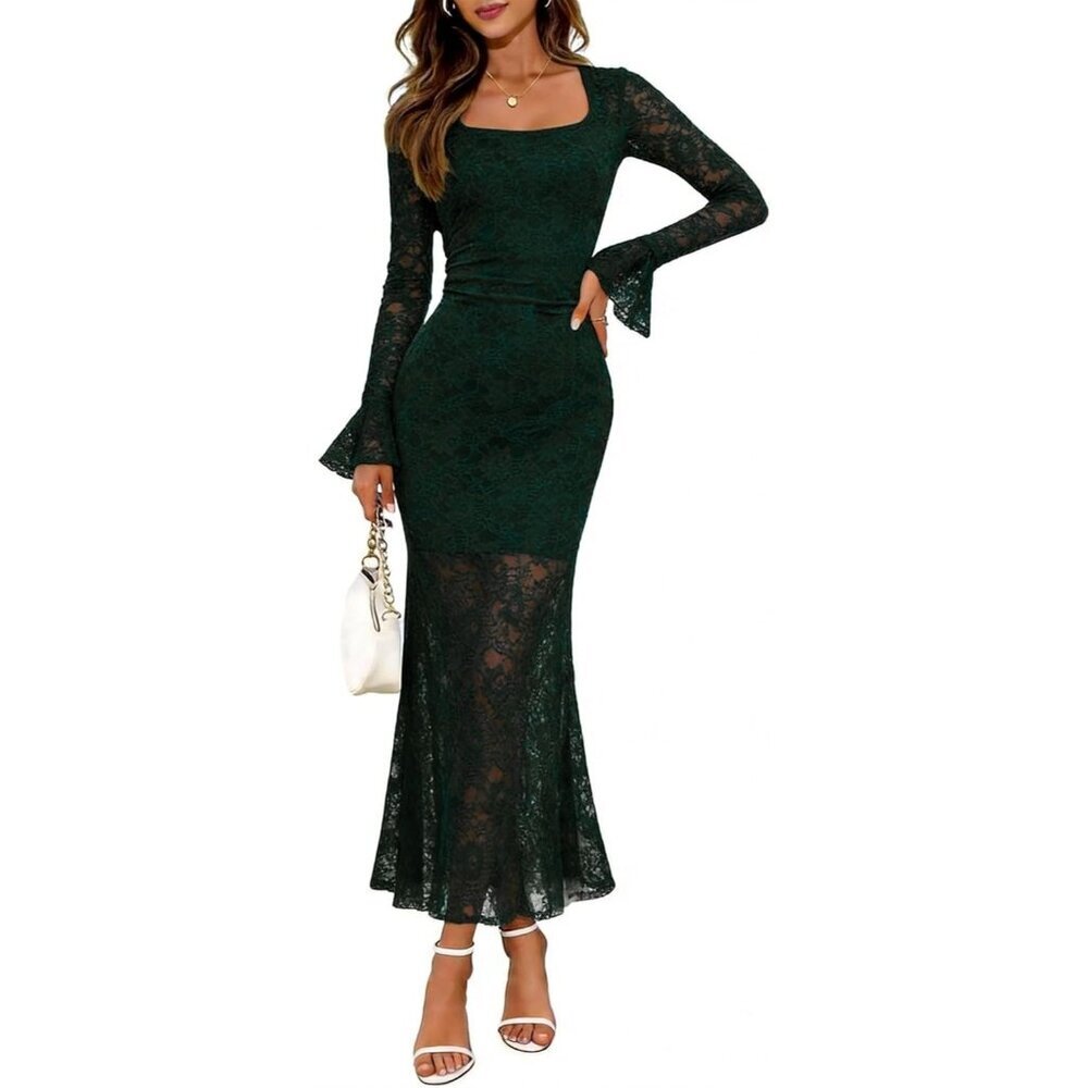 Women's Green Long Sleeve Lace Square Neck Fall Bodycon Cocktail Maxi Dress